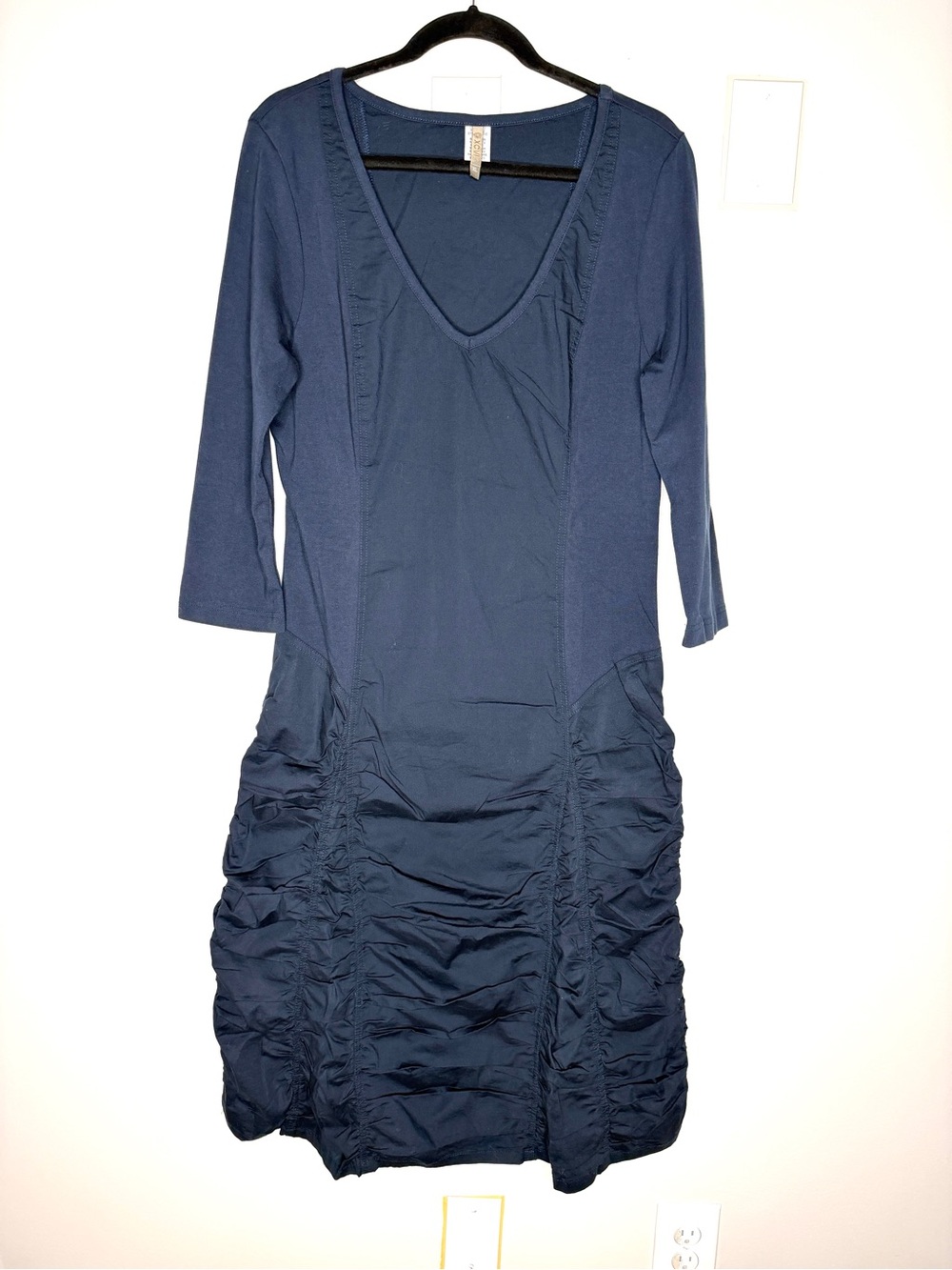 XCVI Ruched Midi Dress Cotton V-Neck Artsy Lagenlook In Navy Blue Size XL